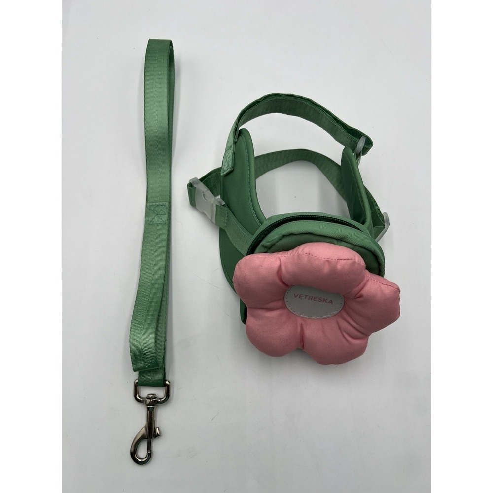 Vetreska Flower Pet Harness Backpack Leash Set Green Pink Small Dog Cat